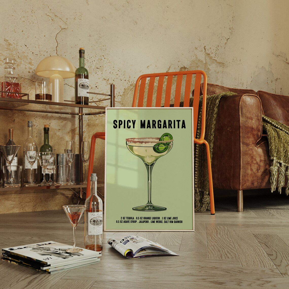 Spicy Margarita Tequila Cocktail Recipe On Green Background Artwork Poster - Image 4