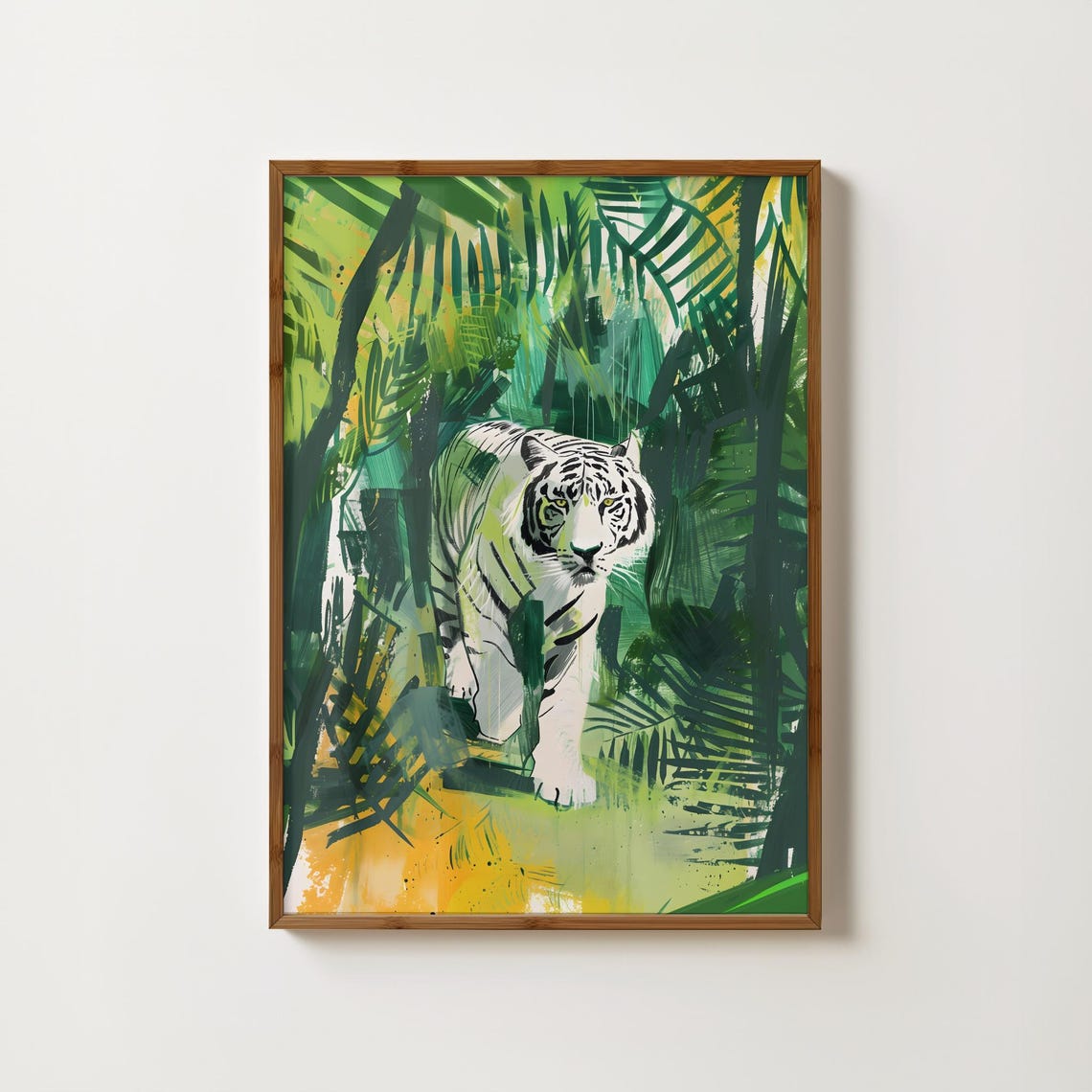 White Tiger Green Jungle Botanical Leaves Big Cat Wall Art Decor