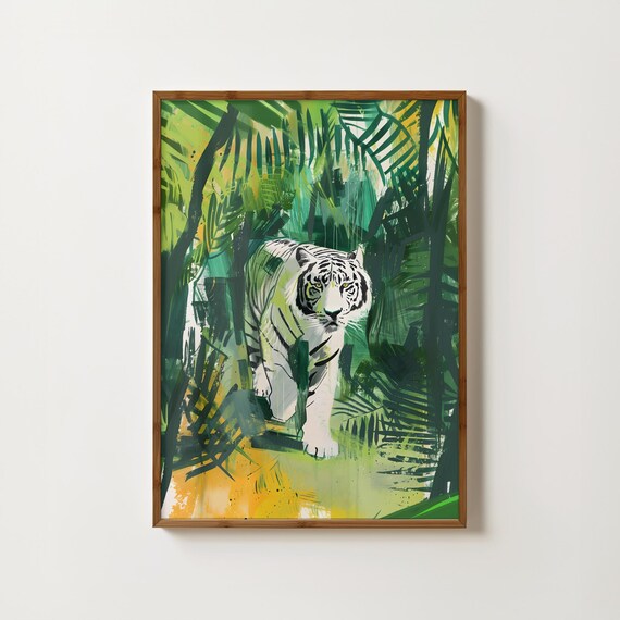 White Tiger Green Jungle Botanical Leaves Big Cat Wall Art Decor