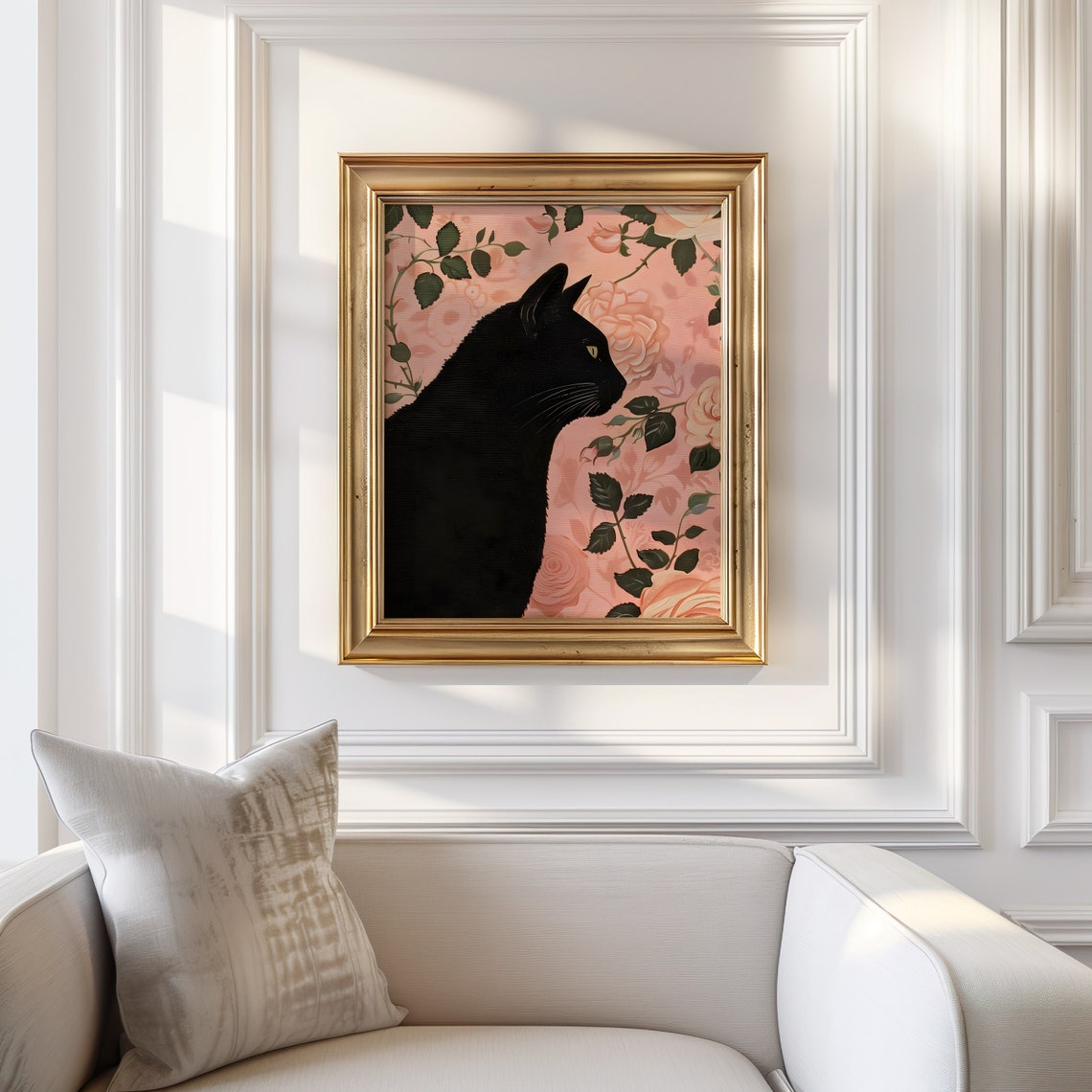 Black Cat Silhouette Among Pink Rose Blooms Floral Art Print - Image 4