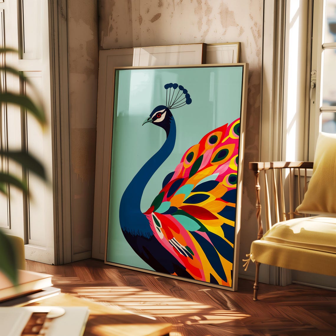 Stylised Blue Peacock with a Rainbow Feather Tail Bird Art Print - Image 2