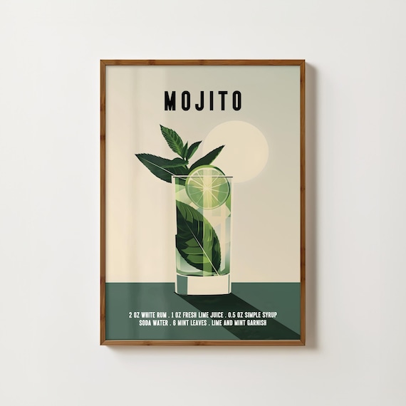 Mojito Cocktail Recipe Retro Mid Century Bar Cart Decor Art Print