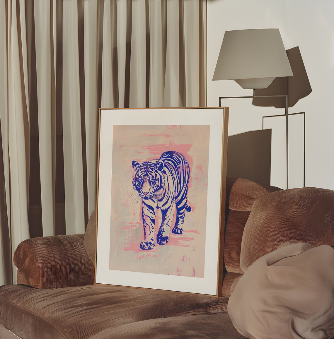Blue Line Art Tiger On Pink Bold Maximalist Style Art Poster - Image 2