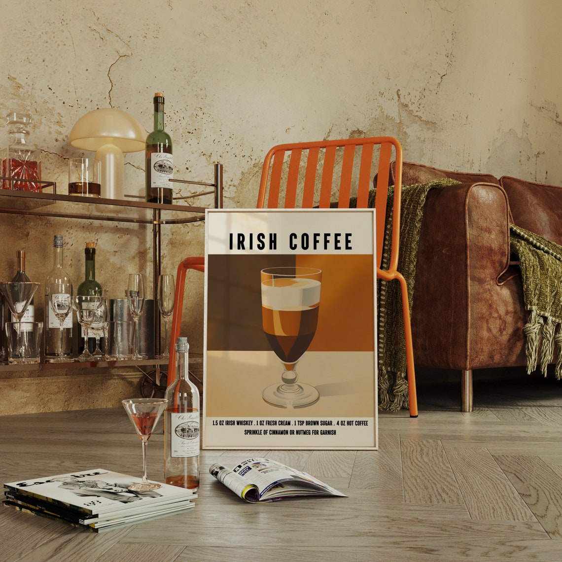 Irish Coffee Recipe With Cream Layer On Warm Caramel Background Poster - Image 4
