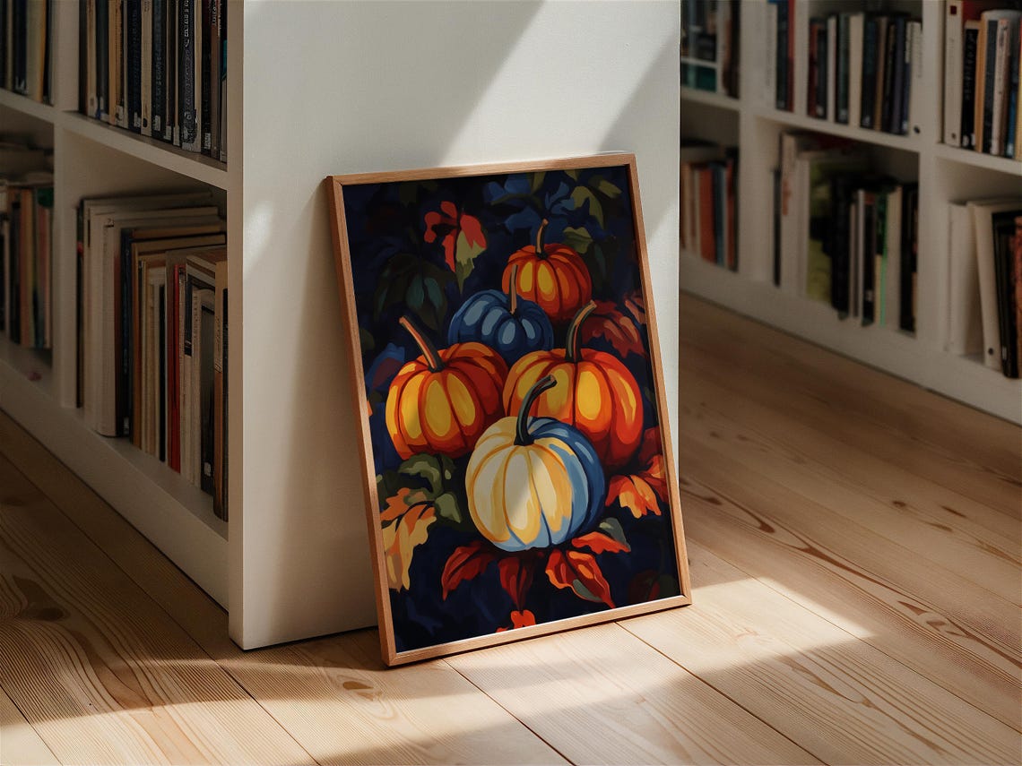 Autumn Pumpkin Patch at Night Blue Orange Harvest Art Poster - Image 2