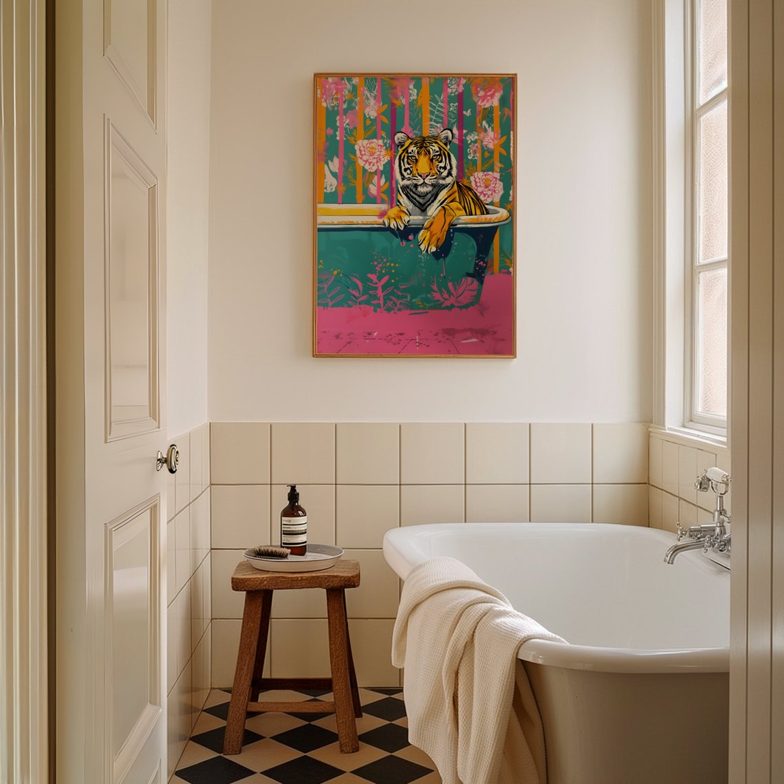 Tiger Relaxing in a Teal Bathtub Maximalist Pink Bathroom Poster - Image 4
