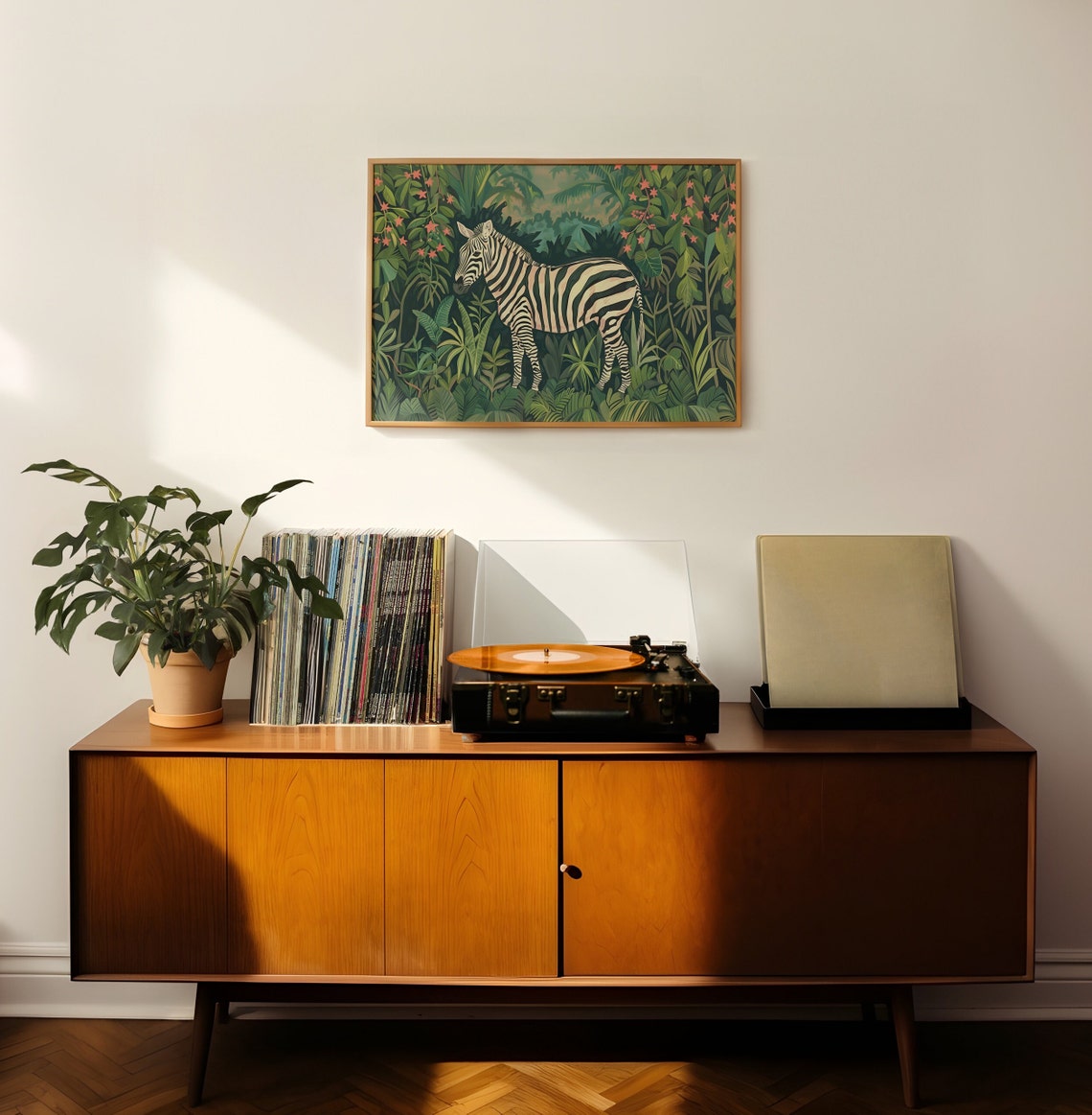 Striped Zebra Standing In Lush Tropical Jungle Greenery Art Poster - Image 2