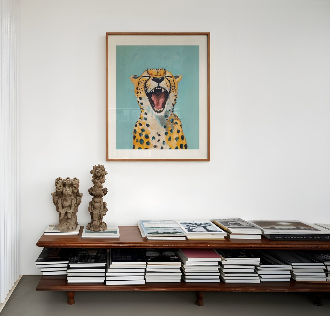 Yawning Cheetah In Playful Pop Art Style On Light Blue Background Poster - Image 4