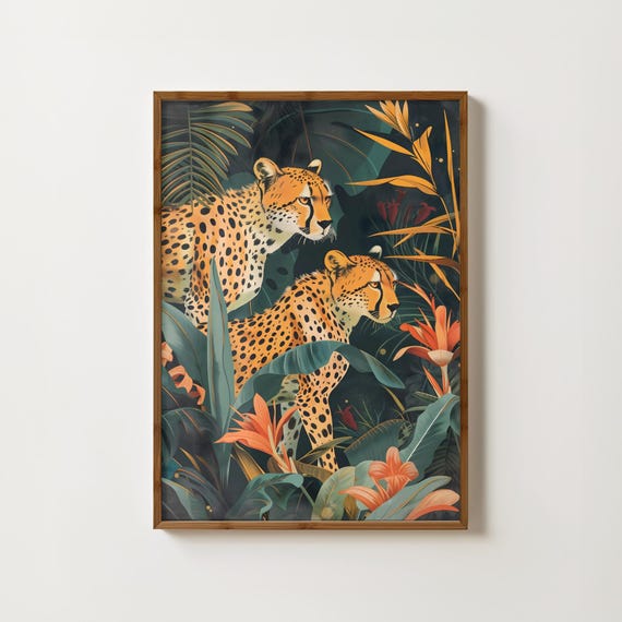 Cheetahs in Jungle, Vintage Tropical Safari Art Print