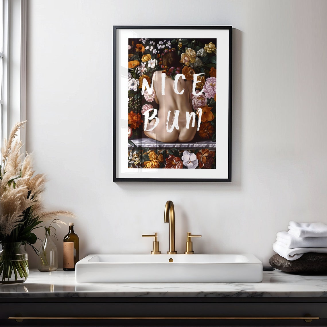 Nice Bum Cheeky Floral Bathroom Fun Typography Quote Art Print - Image 3