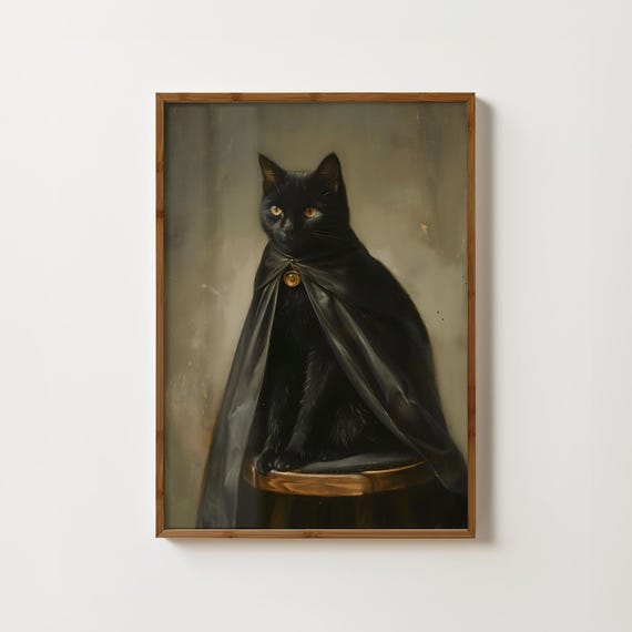 Gothic Black Cat Art Print, Witchy Dark Academia
