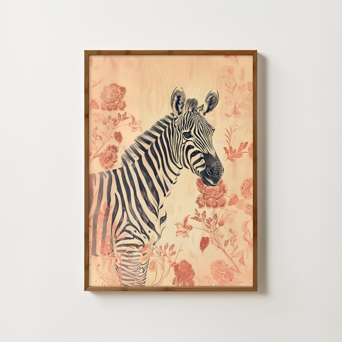 Standing Zebra Among Peach Blossoms Vintage Floral Art Print
