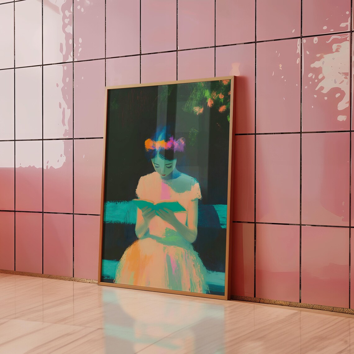 Young Woman Reading Book In Glowing Neon Night Garden Art Poster - Image 2