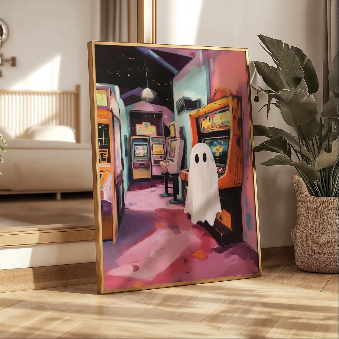Cute Ghost In Pink Retro Arcade Night Halloween Scene Poster - Image 3