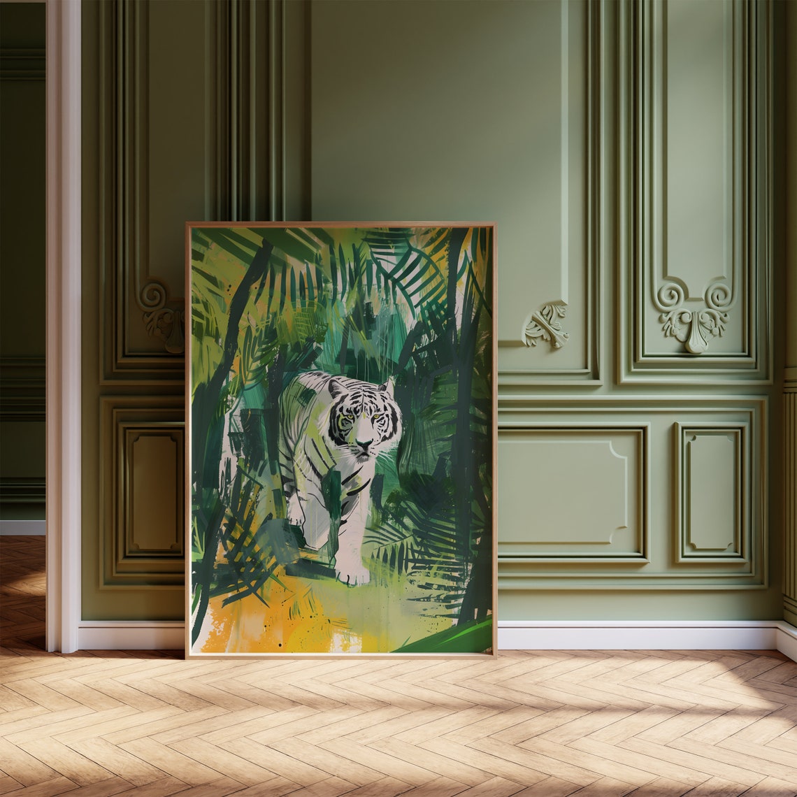 White Tiger Green Jungle Botanical Leaves Big Cat Wall Art Decor - Image 4