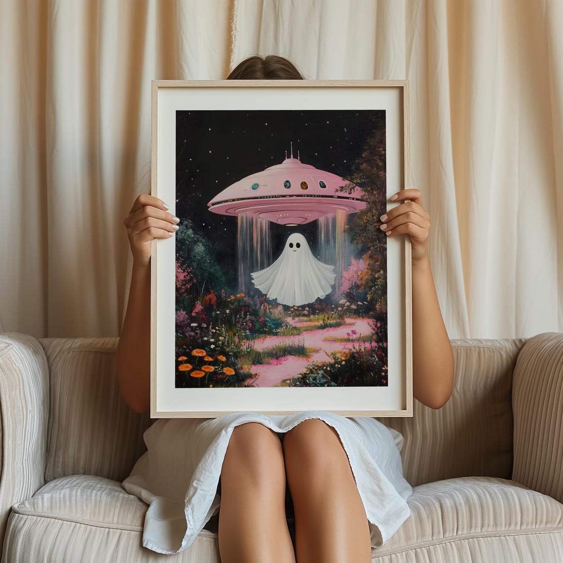 Smiling Ghost Under Pink UFO In Flower Garden Night Scene Poster - Image 3