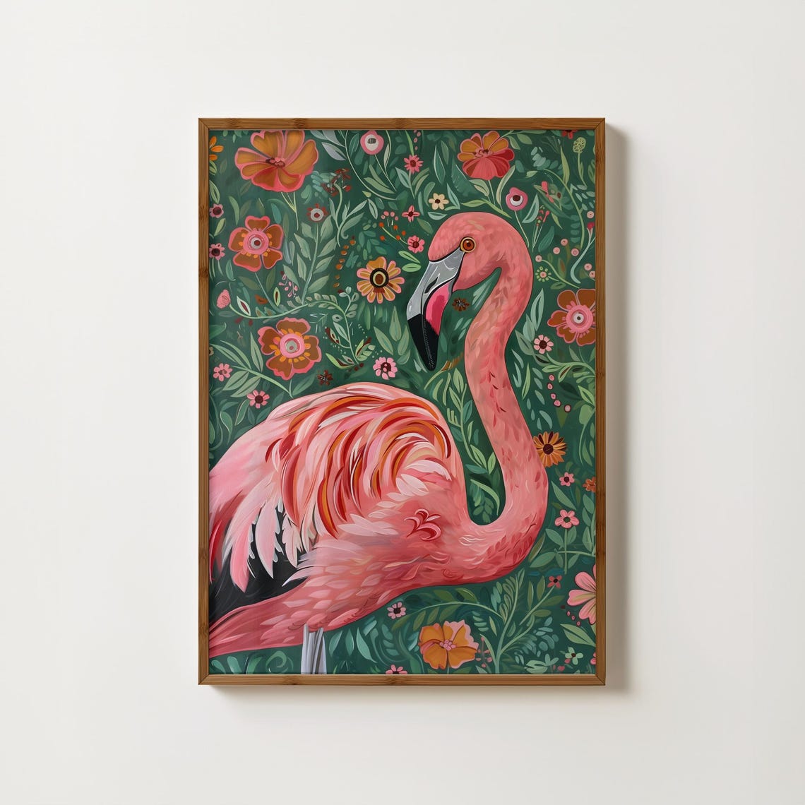 Floral Pink Flamingo Print Flamingo Wall Art Neon Flamingo Poster Exotic Bird Painting Pink Flamingo Illustration Tropical Animal Prints