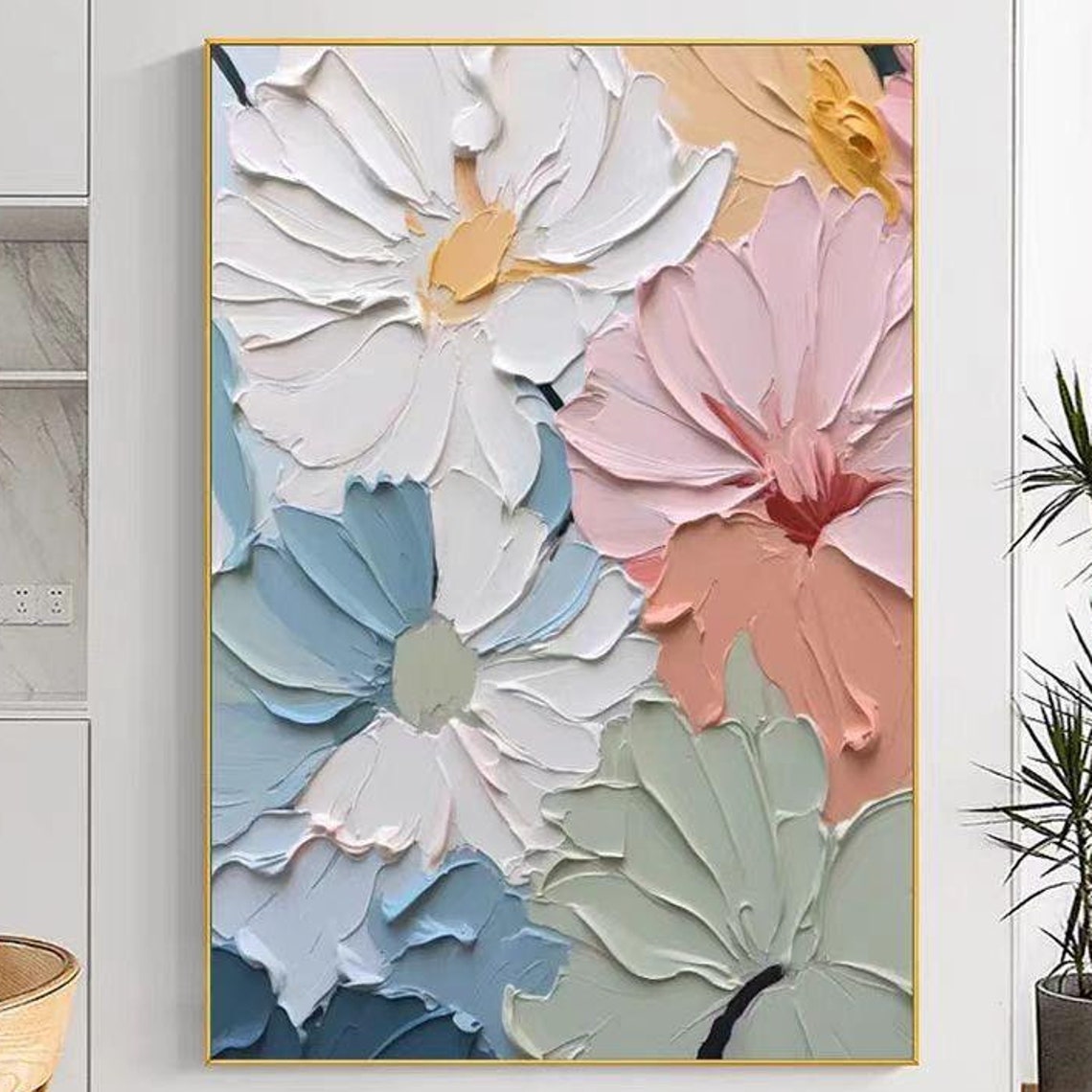 Large Colorful Blooms 3D Textured Impasto Floral Vertical Poster