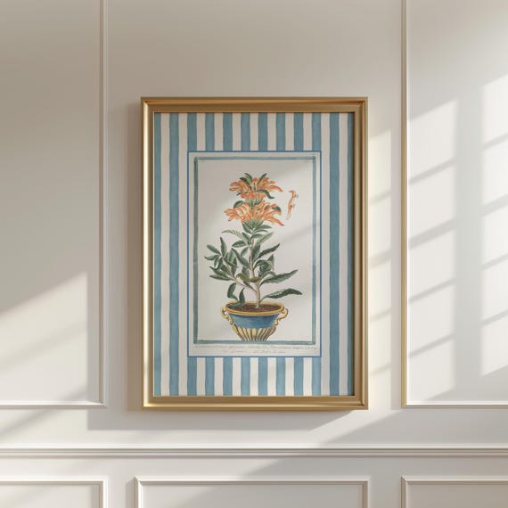 Vintage Botanical Plant Print Blue Stripe Wall Art Potted Flower Illustration French Garden Decor Grandmillennial Style