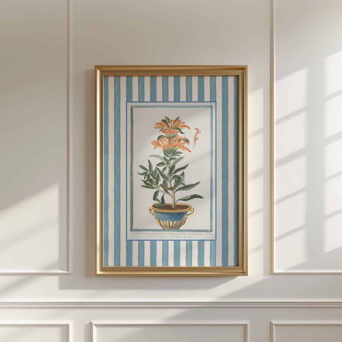 Vintage Potted Orange Flower Botanical Art on Blue Stripes Poster