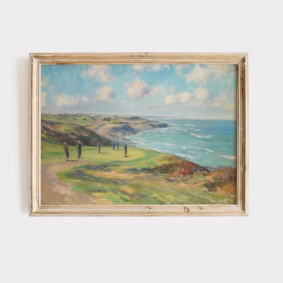 Coastal Golf Course Painting Golfers by the Sea Sports Poster