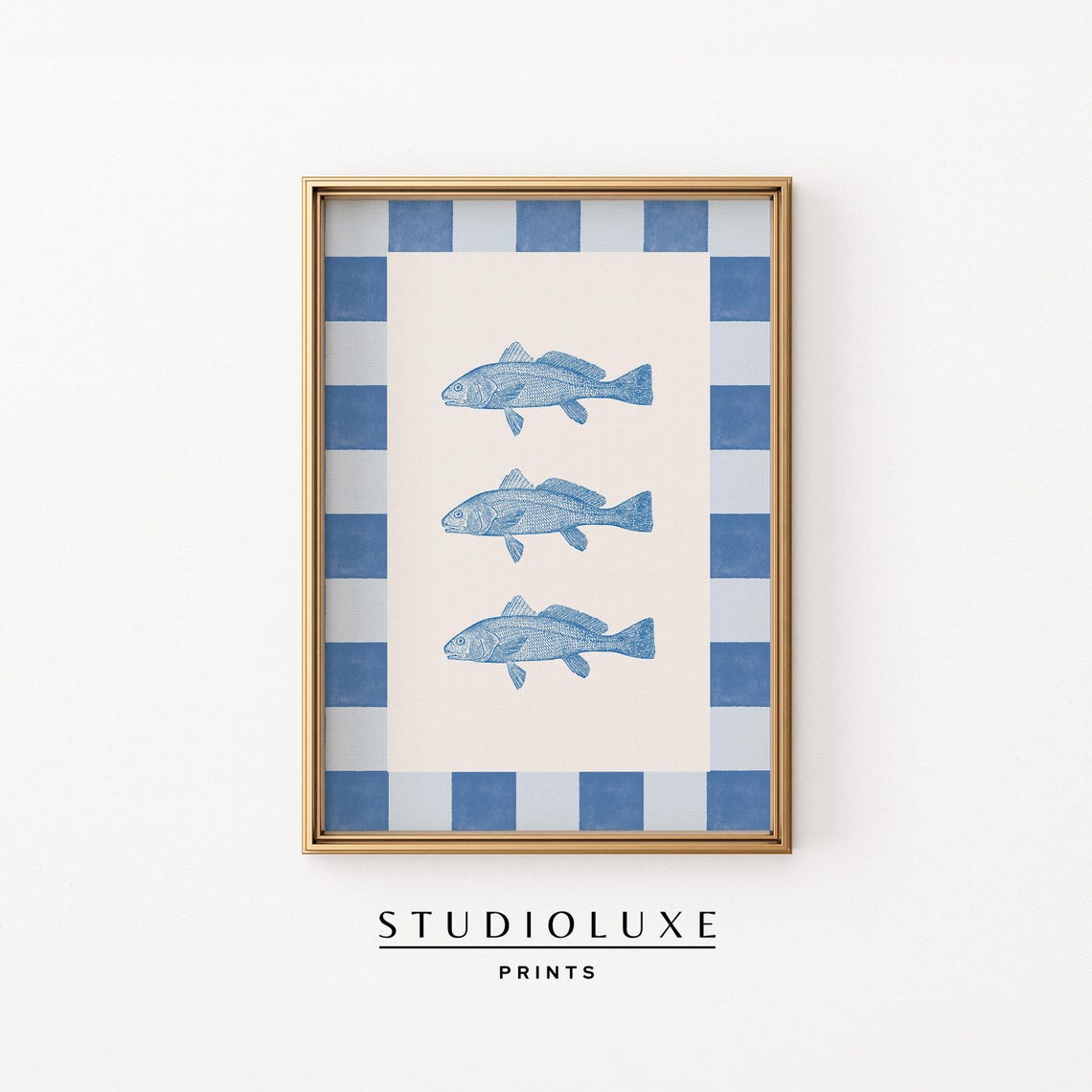 Three Blue Fish Checkered Border Blue Coastal Kitchen Wall Art