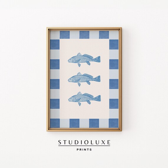 Checkered Fish Print Coastal Wall Art Trendy Apartment Decor Blue Painting Granddaughter Prints