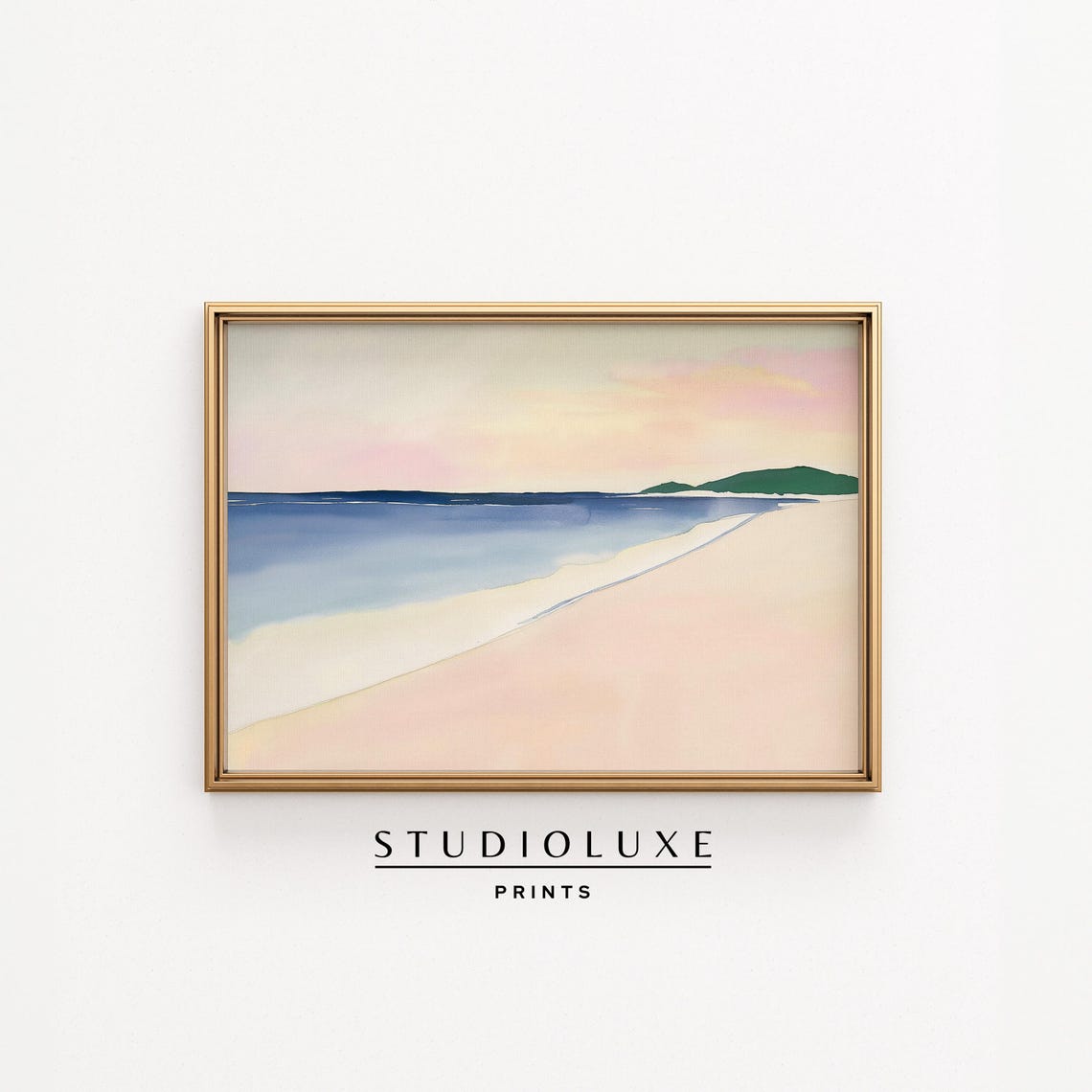 Pastel Sunset Over Calm Blue Bay With Distant Green Hill Poster