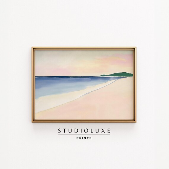 Pastel Sunset Over Calm Blue Bay With Distant Green Hill Poster