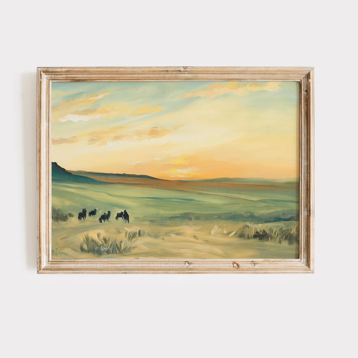 Wild Horses Grazing Sunset Plains Vintage Western Landscape Poster