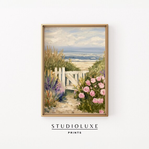 Beach Path White Gate Pink Roses Lavender Oil Painting Poster