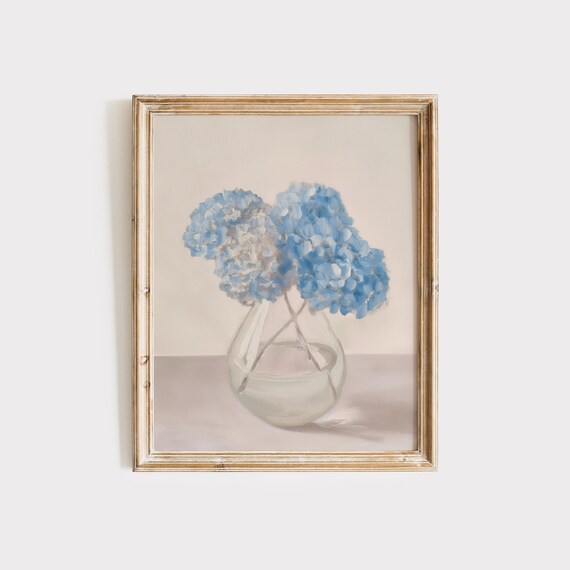 Blue Hydrangeas Glass Vase Floral Still Life Painting Wall Art