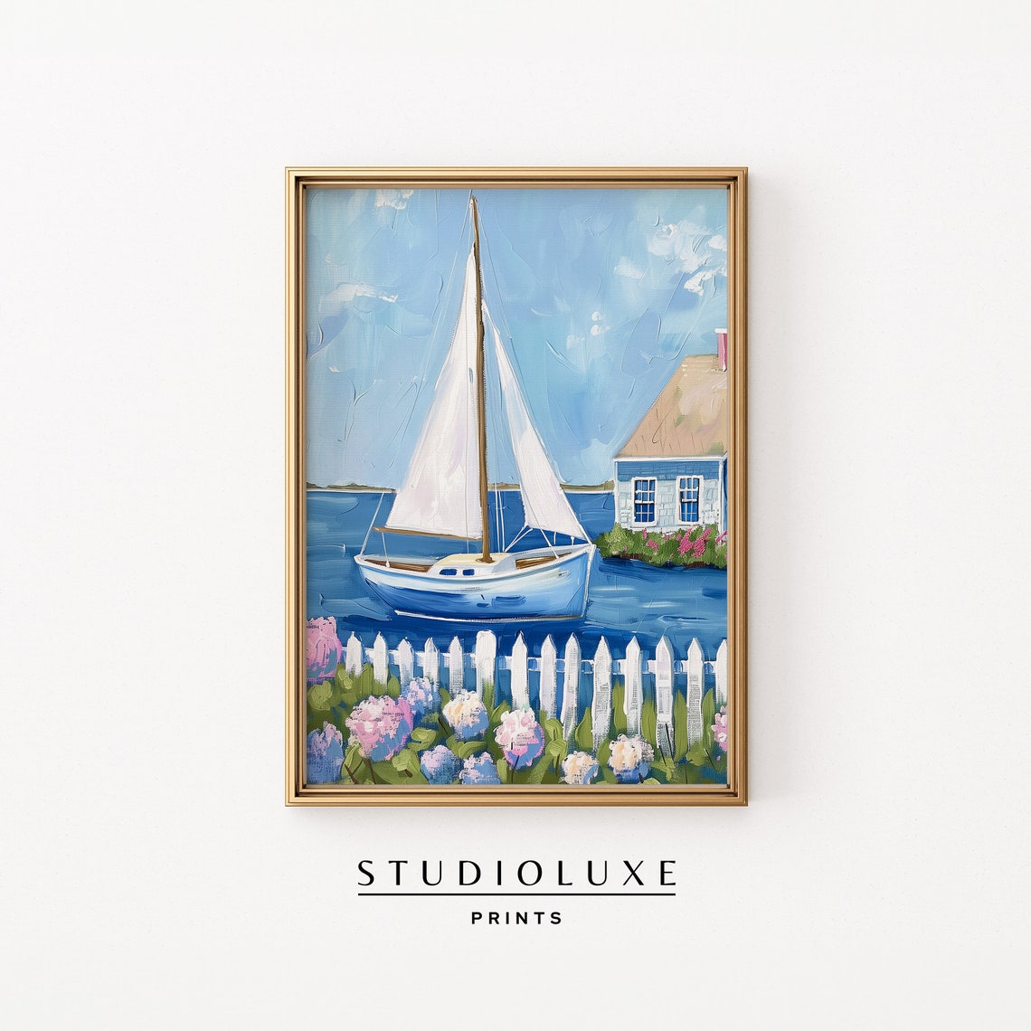 Sailboat Coastal Cottage Hydrangeas Picket Fence Seascape Art Poster
