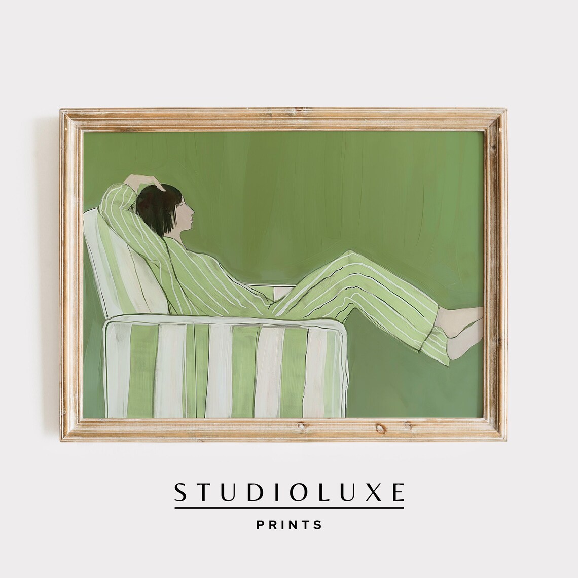 Woman Lounging In Green Striped Pajamas Modern Abstract Figurative Art Print