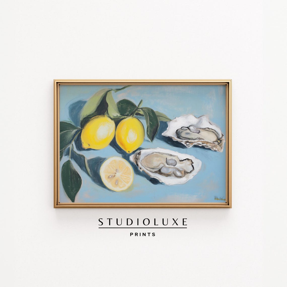 Lemon and Oyster Still Life on Blue Coastal Kitchen Art Poster