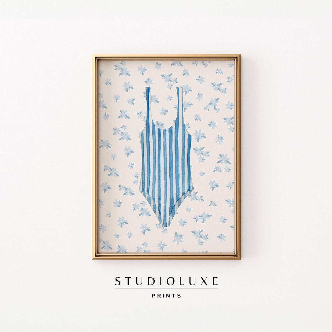 Blue Striped One-Piece Swimsuit Retro Summer Fashion Illustration Poster