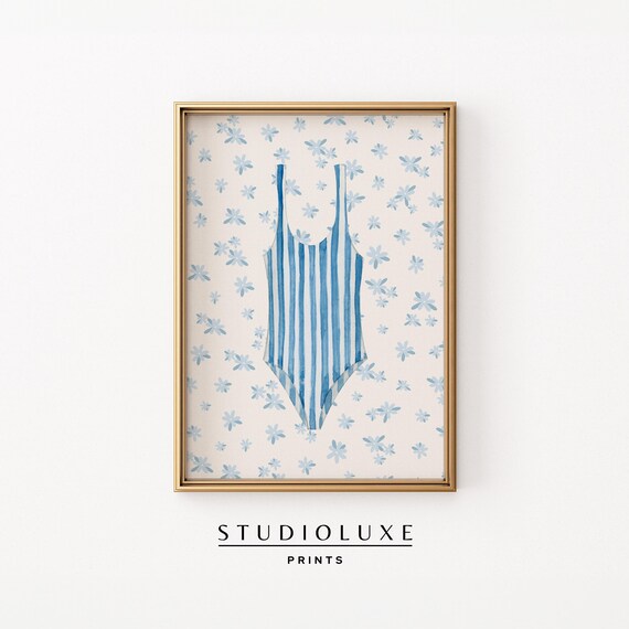 Blue Striped One-Piece Swimsuit Retro Summer Fashion Illustration Poster
