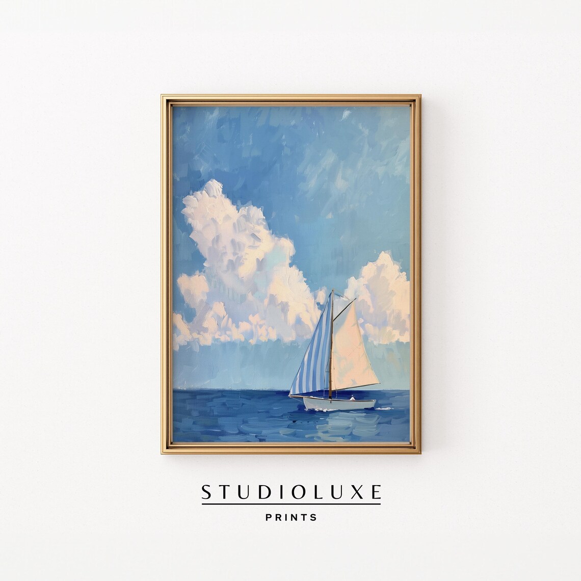 Blue Striped Sailboat Vintage Oil Painting Art Print