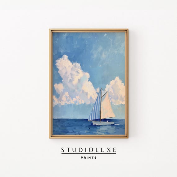 Blue Striped Sailboat Vintage Oil Painting Art Print