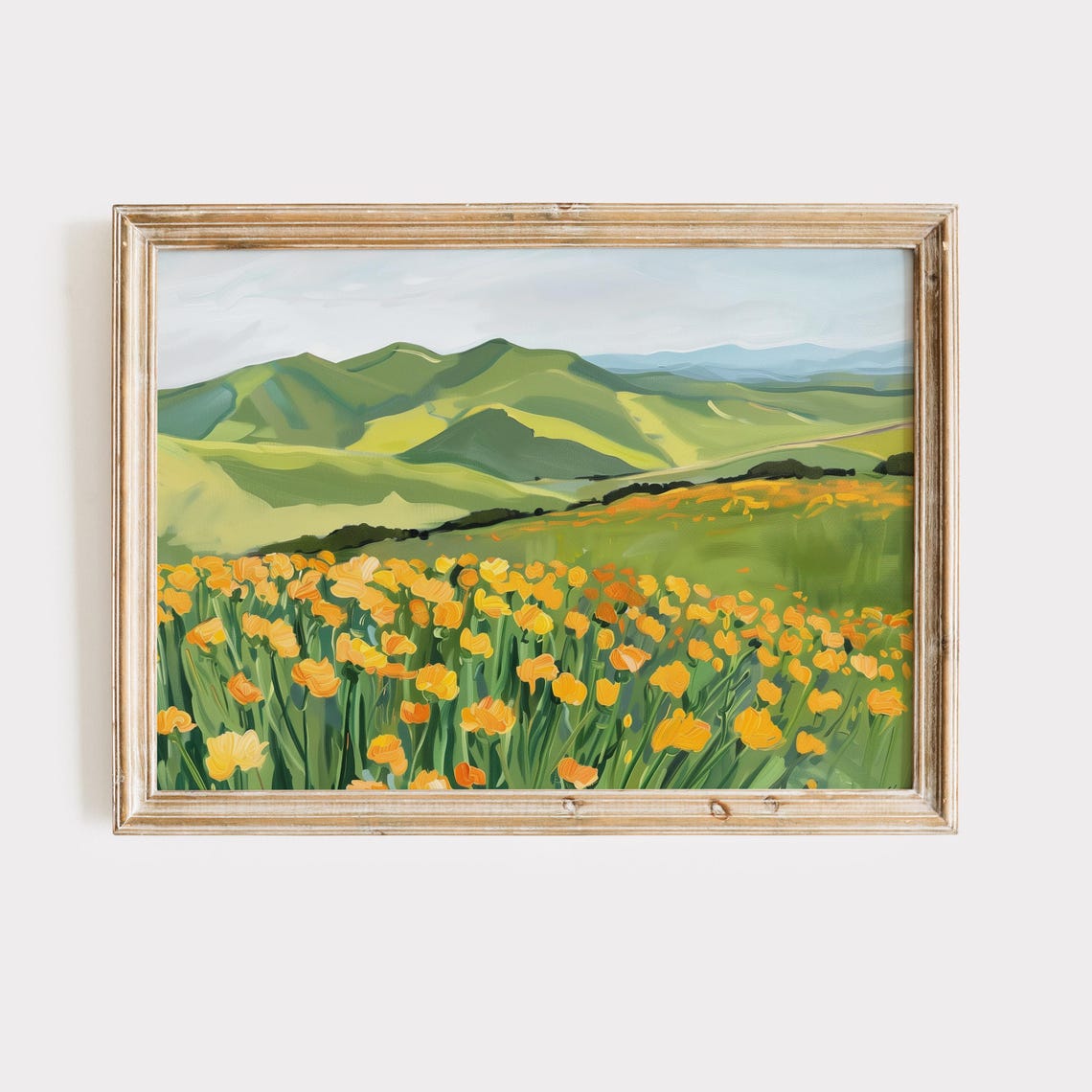 Golden Marigold Field With Rolling Green Hills Landscape Poster