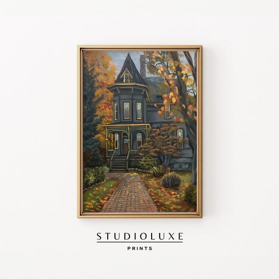 Moody Dark Victorian House Autumn Fall Leaf Garden Path Poster