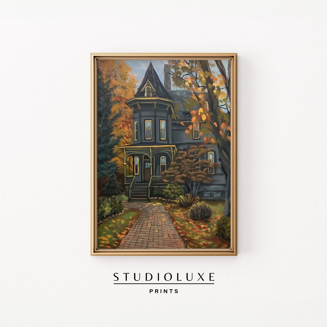Moody Dark Victorian House Autumn Fall Leaf Garden Path Poster