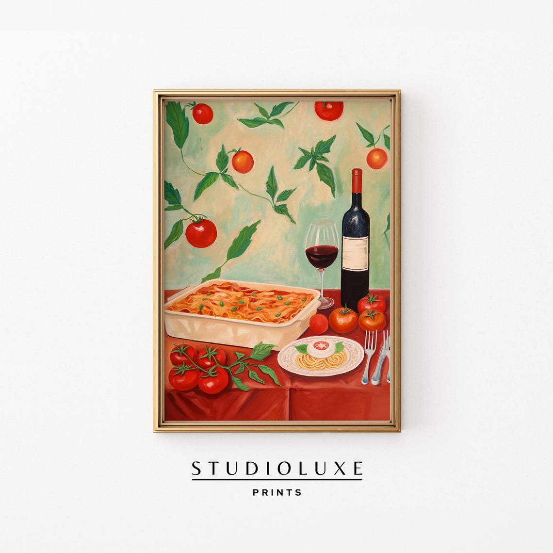 Italian Dinner Spread with Pasta Red Wine and Tomatoes Poster