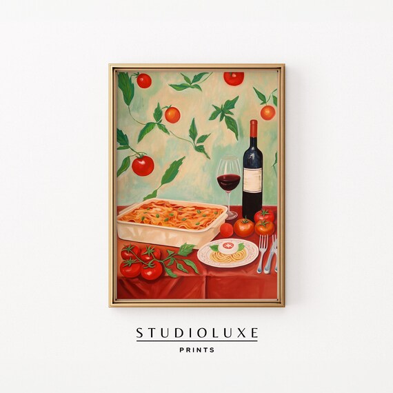 Italian Dinner Spread with Pasta Red Wine and Tomatoes Poster
