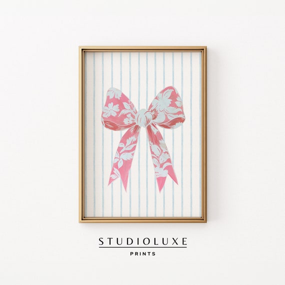 Coquette Room Decor Pink Bow Wall Art Preppy Trendy Apartment Chinoiserie Print Coastal Granddaughter Cute Nursery