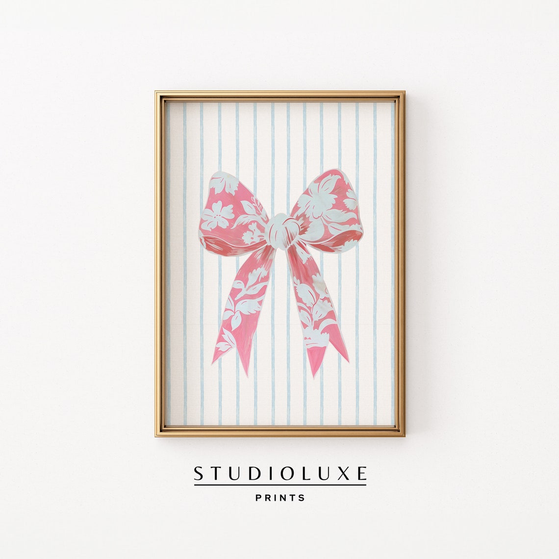Pink Chinoiserie Bow Blue Stripes Floral Coquette Decor Art Poster