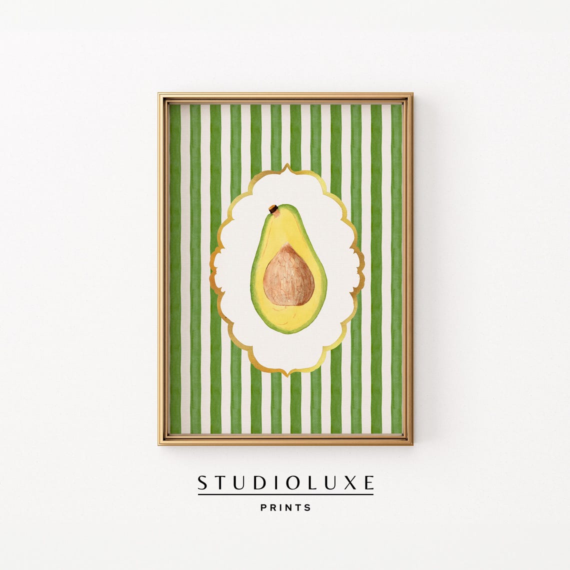 Vintage Avocado Halved Fruit Botanical Art on Green Stripes Print