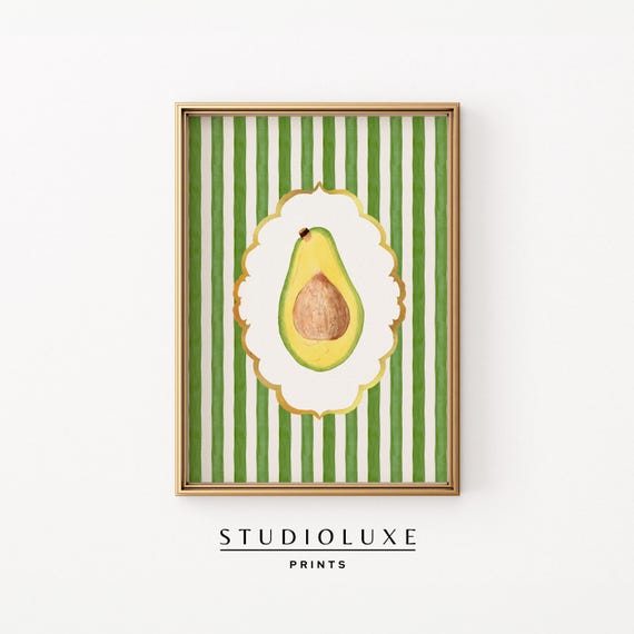 Avocado Wall Art Kitchen Fruit Decor Green Gingham Print Vintage Modern Cute Farmhouse