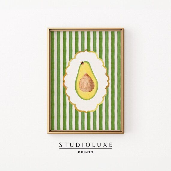 Vintage Avocado Halved Fruit Botanical Art on Green Stripes Print