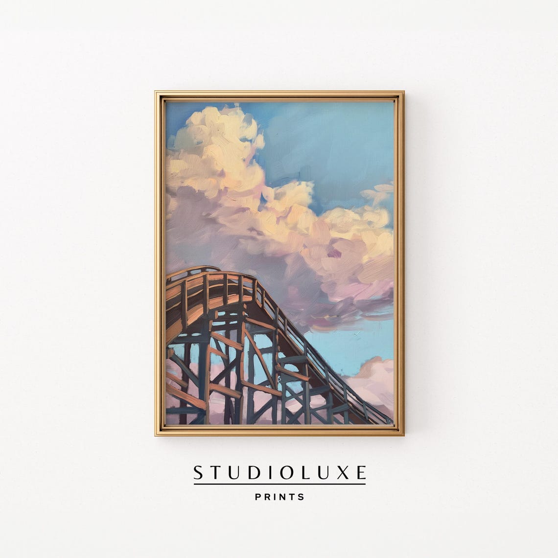 Vintage Wooden Roller Coaster Under Pink Sunset Clouds Poster